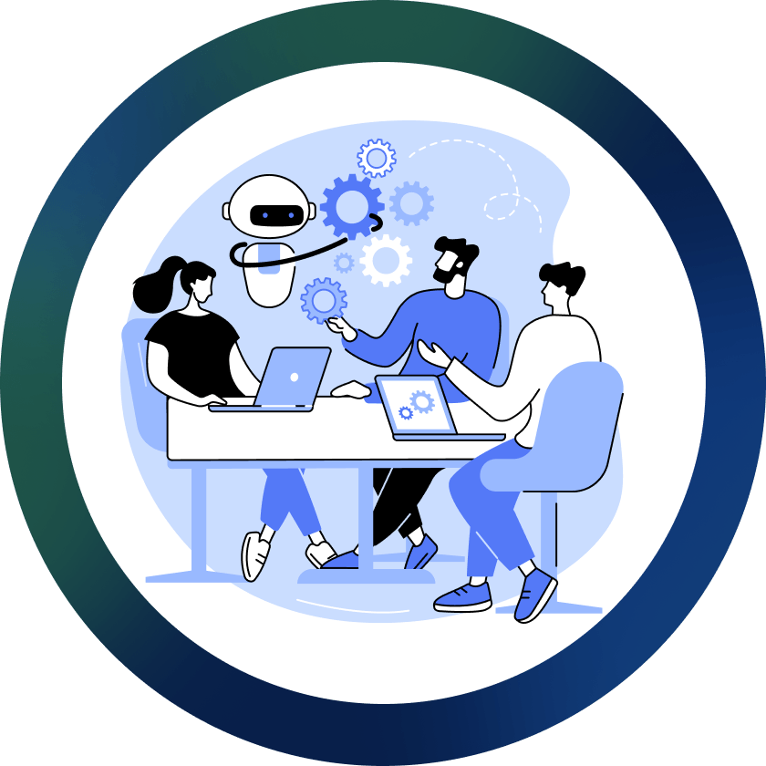 Three avatars at the desk